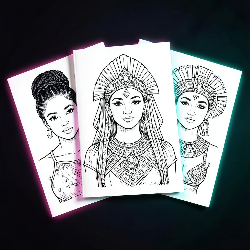 Coloring page bundle showing three detailed portrait pages fanned out