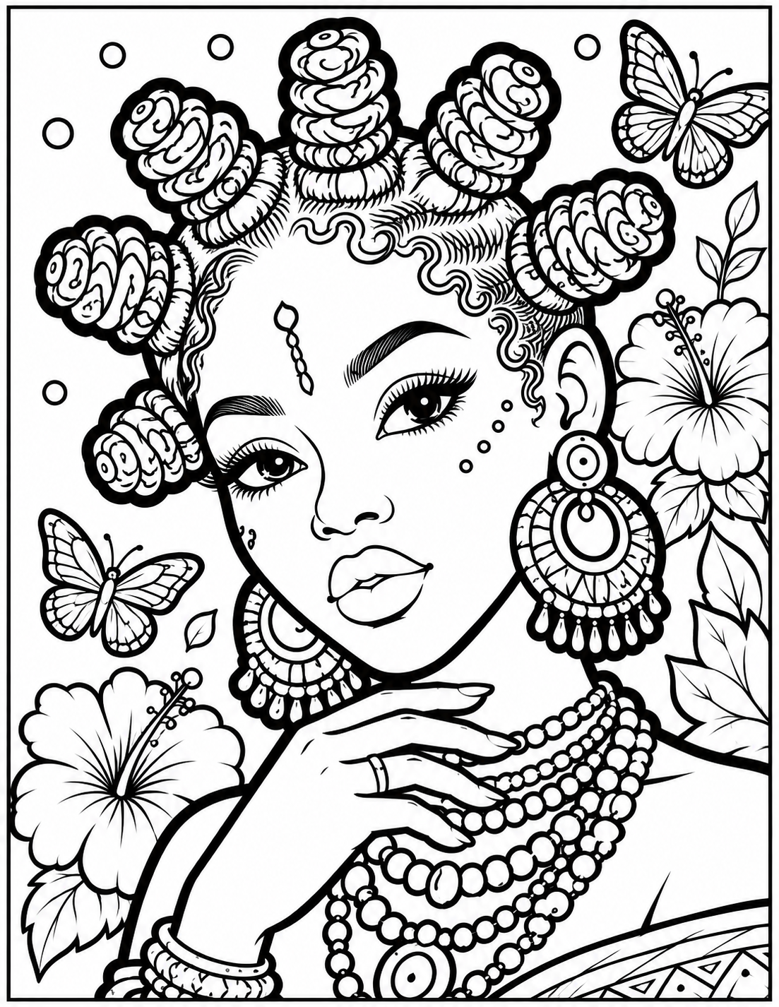 Black and white line art coloring page of a woman with bantu knots and a braided crown