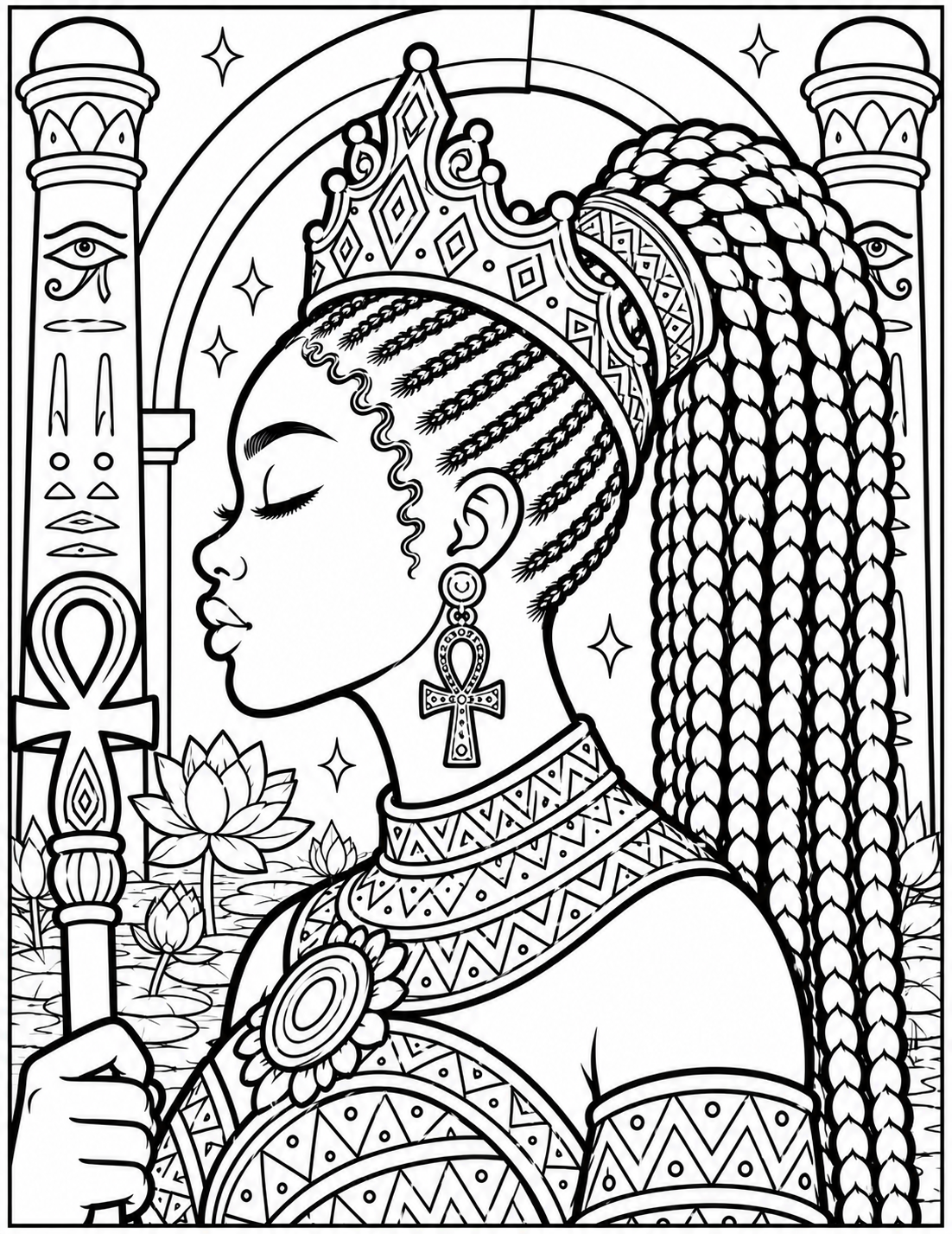 Black and white line art coloring page of an Egyptian queen with an ornate headdress