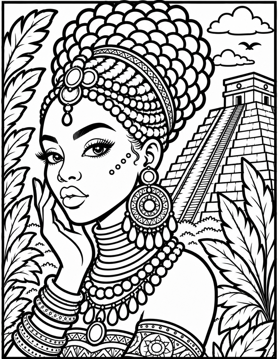 Black and white line art coloring page of a Mayan empress with traditional ornaments